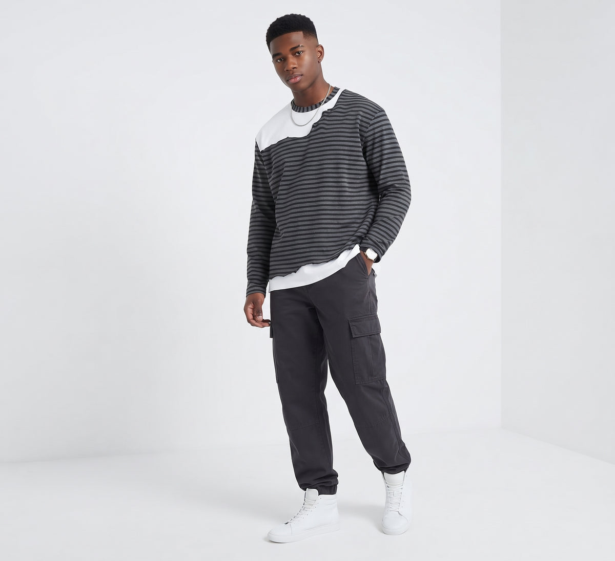 Unisex Striped Panel Boxy Long Sleeve T-Shirt